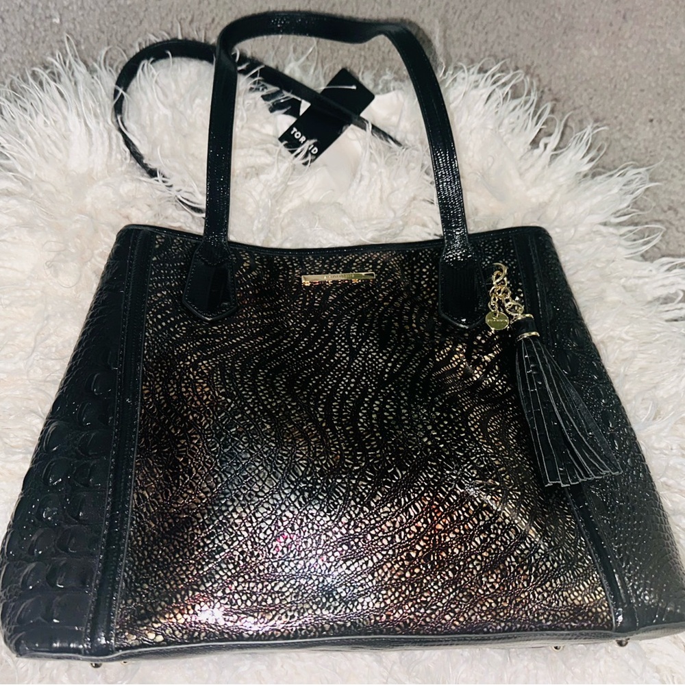 Brahmin Black and Gold Textured Tote